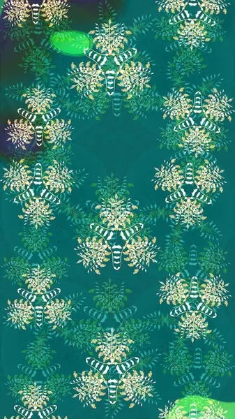 Yumuşak, bahar çiçekleri mavi ve yeşil renklerde. Raster deseni. Patlayan çiçekler soyut olarak yerleştirilmiş. Raster illüstrasyonu.