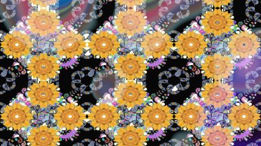 Raster illüstrasyonu. Sarı renkli Asya tekstili. Suluboya çiçekli çiçek deseni.