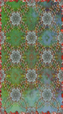 Yeşil ve kahverengi renkli çiçekler. Kusursuz çiçek deseni. Raster illüstrasyonu. Renkli Bahar Temalı Kusursuz Arkaplan. Asya tekstil tarzında. Düz Çiçek Elementleri Tasarımı.