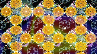 Parlak çiçekli sarı renkler üzerine soyut çizim deseni. Çiçeksel elementlerle süslenmiş zarif raster dokusu. Küçük çiçekte şirin bir çiçek deseni var..