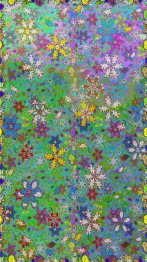 Düz Çiçek Elementleri Tasarımı. Kusursuz Renksiz Bahar Temalı Kusursuz Arkaplan. Sevimli çiçek raster deseni. Yeşil ve mavi renkte çiçekler.