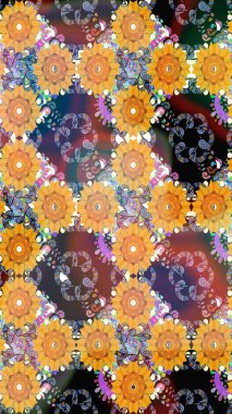 1950-1960 motifleri. Sarı üstüne sarı. El çizimi çiçek unsurları olan soyut çizim raster deseni. Çiçekli ipek eşarp. Retro tekstil tasarım koleksiyonu.