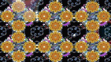Eskiz geçmişi. Eski usul. Kumaş, tekstil, duvar kağıdı baskısı için. Raster illüstrasyonu. Renkli desenli eskiz deseni, siyah çiçekler ve dekoratif elementlerle.