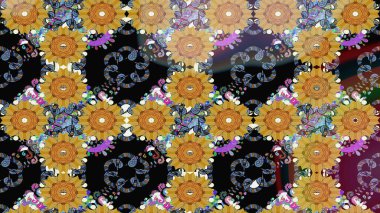 Çocuksu tasarım. Tekstil, kumaş, ambalaj, hatıra defteri için hoş bir çiçek arkaplanı. Elle çizilmiş çiçek desenli Raster çizimi. Siyah arkaplanda.