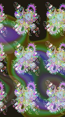 Raster illüstrasyonu. Şirin çiçekli eskiz deseni ve yeşil renkli yapraklar, suluboya çiçek deseni, duvar kağıdı, kart veya kumaş için fayanslı.