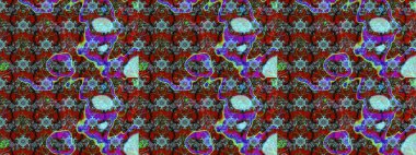 Dallı bahar çiçekleriyle desen, kırmızı, mavi ve kahverengi renkler ve çiçek silueti. Raster deseni.