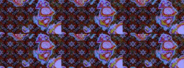 Raster illüstrasyonu. Çizim çiçek deseni duvar kâğıdı olarak kullanılabilir. Kahverengi, mor ve mavi renkte çiçekler.