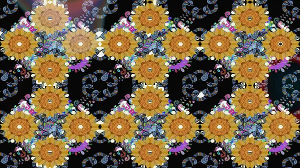 Eskiz geçmişi. Eski usul. Kumaş, tekstil, duvar kağıdı baskısı için. Raster illüstrasyonu. Renkli desenli eskiz deseni, siyah çiçekler ve dekoratif elementlerle.