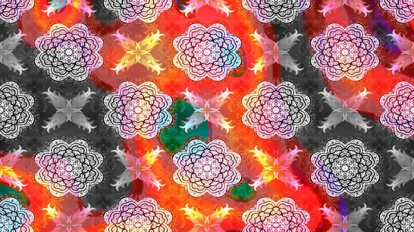 Raster illüstrasyonu. Asya tekstil tarzında. Raster illüstrasyonu. Çiçek desenli çizim. Gri renkli çiçekler.