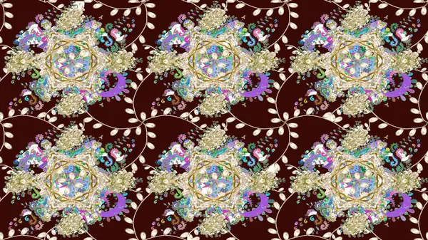 Suluboya çiçekli çiçek deseni. Raster illüstrasyonu. Kahverengi renkli güzel tekstil.