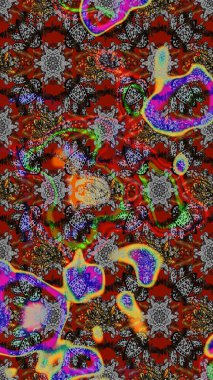 Suluboya elle çizilmiş çiçek desenli eskiz deseni. Parlak renkli fantezi çiçekleri, yapraklar, gri, kahverengi ve kırmızı renkli tomurcuklar, gri, kahverengi ve kırmızı.