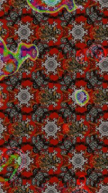 Gri, kahverengi ve kırmızı, gri, kahverengi ve kırmızı üzerine. Retro tekstil tasarım koleksiyonu. El çizimi çiçek unsurları olan soyut çizim raster deseni. Çiçekli ipek eşarp. 1950 'ler-1960' lar motifleri.