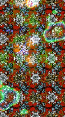 Elle çizilmiş çiçek desenli Raster çizimi. Kahverengi, yeşil ve kırmızı arka planda. Çocuksu tasarım. Tekstil, kumaş, ambalaj, hatıra defteri için güzel çiçek arkaplanı..