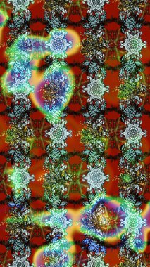 Raster illüstrasyonu. 3D çiçekler, eskiz. Kahverengi, yeşil ve mavi renklerde.