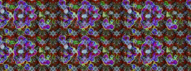 Çiçeksel çizim kalıbının yansıması. Vadinin çiçekleri kırmızı, kahverengi ve mavi renklerde.