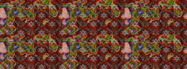 Suluboya elle çizilmiş çiçek desenli eskiz deseni. Parlak renkli fantezi çiçekleri, yapraklar, kahverengi, kırmızı ve nötr renklerde tomurcuklar kahverengi, kırmızı ve nötr.