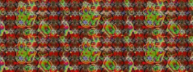 Raster illüstrasyonundaki çiçek desenli çizim. Çiçekler kırmızı, kahverengi ve yeşil renklerde.