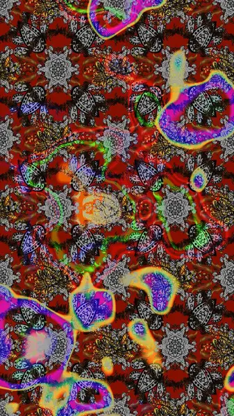 Suluboya elle çizilmiş çiçek desenli eskiz deseni. Parlak renkli fantezi çiçekleri, yapraklar, gri, kahverengi ve kırmızı renkli tomurcuklar, gri, kahverengi ve kırmızı.