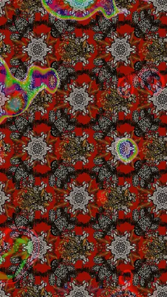 Gri, kahverengi ve kırmızı, gri, kahverengi ve kırmızı üzerine. Retro tekstil tasarım koleksiyonu. El çizimi çiçek unsurları olan soyut çizim raster deseni. Çiçekli ipek eşarp. 1950 'ler-1960' lar motifleri.