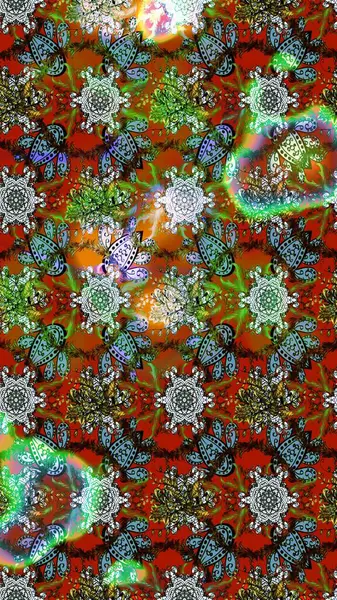 Elle çizilmiş çiçek desenli Raster çizimi. Kahverengi, yeşil ve kırmızı arka planda. Çocuksu tasarım. Tekstil, kumaş, ambalaj, hatıra defteri için güzel çiçek arkaplanı..