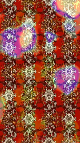 Kahverengi, kırmızı ve bej renkli etnik çiçeklerle süslenmiş zarif bir eskiz deseni. Asya Tekstil 'inde Raster Çiçek İllüstrasyonu.