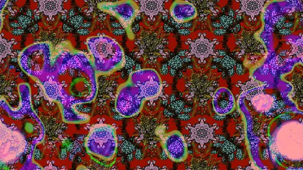 Moda baskıları için zarif bir şablon. Parlak renkli çiçekleri olan ve kahverengi, kırmızı ve yeşil renkli yaprakları olan harika bir çiçek deseni. Modern çiçek arkaplanı. Halk stili.