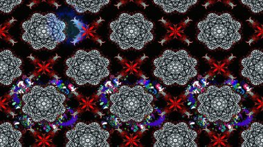 Raster Floral Illustration, Asyalı tekstil. Siyah renkli etnik çiçeklerle zarif eskiz deseni.