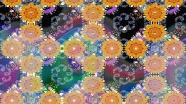 Eskiz geçmişi. Raster illüstrasyonu. Eski usul. Kumaş, tekstil, duvar kağıdı baskısı için. Renkli desenli eskiz deseni, bej çiçekler ve dekoratif elementler.