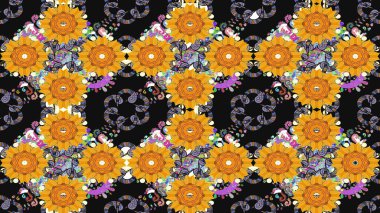 Raster illüstrasyonundaki çiçek desenli çizim. Renkli Bahar Teması eskiz kalıbı. Düz Çiçek Elementleri Tasarımı. Gri renkli çiçekler.