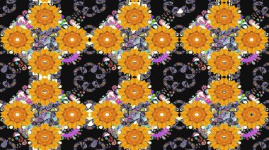 Raster illüstrasyonundaki çiçek desenli çizim. Renkli Bahar Teması eskiz kalıbı. Düz Çiçek Elementleri Tasarımı. Gri renkli çiçekler.