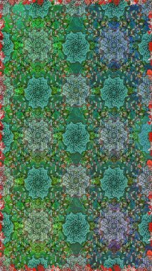 Raster illüstrasyonu. Hint süsü. Renkli süs kenarı. Yeşil ve mavi renklerde. Çiçek duvar kağıdı. Kusursuz desen.