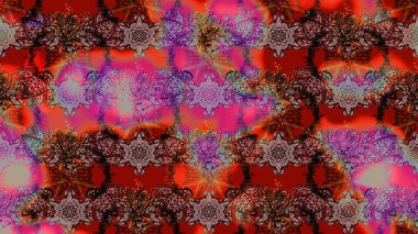 Modern çiçek arkaplanı. Halk tarzı. Parlak renkli çiçekleri ve kahverengi, kırmızı ve pembe renkte yaprakları olan harika bir çiçek deseni. Moda baskıları için zarif bir şablon.