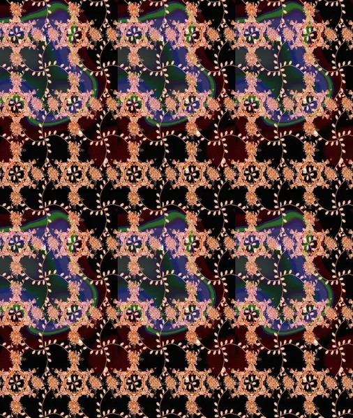 Çok renkli, kahverengi ve bej renkli küçük çiçekler ve siyah, kahverengi ve bej renkli komik böcekler, raster desen, illüstrasyon.