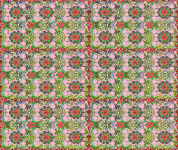 Raster Illustrasyon 'da moda olmayan çiçek deseni. Renkli Yaz Temalı Kusursuz Arkaplan. Düz Çiçek Elementleri Tasarımı. Güzel kumaş deseni.