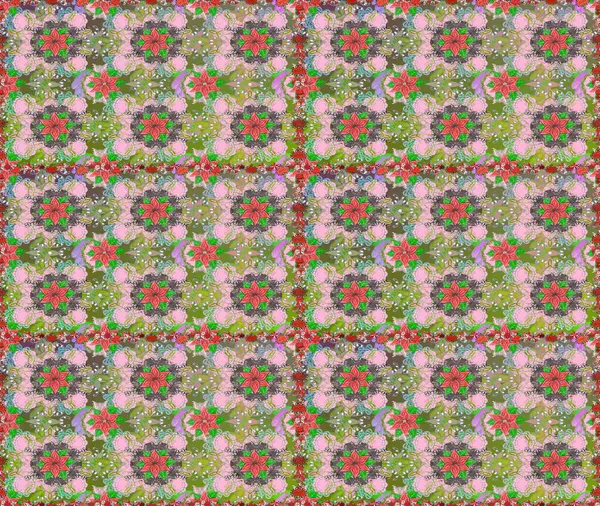 Raster Illustrasyon 'da moda olmayan çiçek deseni. Renkli Yaz Temalı Kusursuz Arkaplan. Düz Çiçek Elementleri Tasarımı. Güzel kumaş deseni.