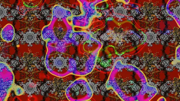 Gri, kırmızı ve kahverengi renklerde. Raster illüstrasyonu. Raster illüstrasyonundaki çiçek desenli çizim. Güzel kumaş deseni.