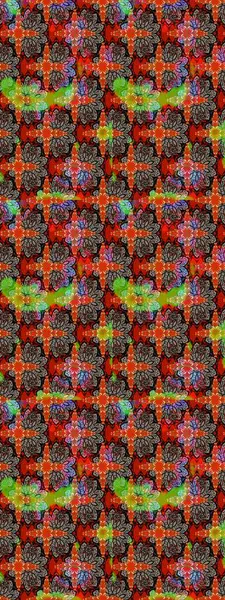 Şirin çiçekli eskiz deseni ve kırmızı renklerde yapraklar, suluboya çiçek deseni, duvar kağıdı, kart veya kumaş için fayanslı. Raster illüstrasyonu.