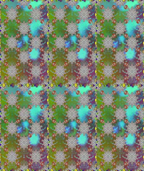 Raster illüstrasyonunda kusursuz çiçek deseni. Yeşil ve gri renkte çiçekler.