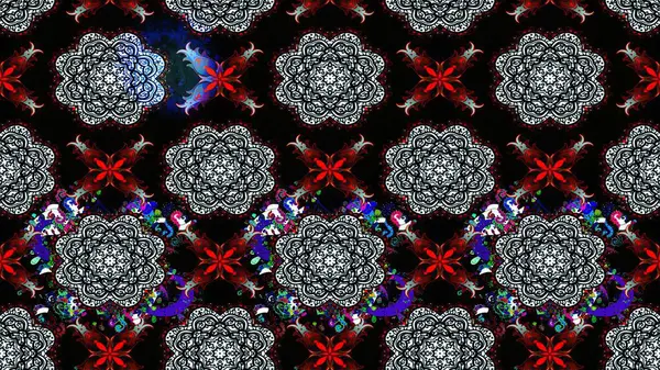 Raster Floral Illustration, Asyalı tekstil. Siyah renkli etnik çiçeklerle zarif eskiz deseni.