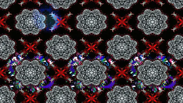 Raster Floral Illustration, Asyalı tekstil. Siyah renkli etnik çiçeklerle zarif eskiz deseni.