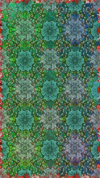 Raster illüstrasyonu. Hint süsü. Renkli süs kenarı. Yeşil ve mavi renklerde. Çiçek duvar kağıdı. Kusursuz desen.