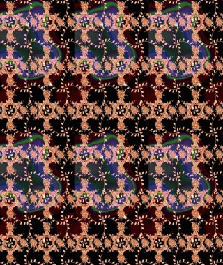 Çok renkli, kahverengi ve bej renkli küçük çiçekler ve siyah, kahverengi ve bej renkli komik böcekler, raster desen, illüstrasyon.