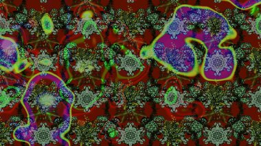 Şirin çiçekli, desenli, yeşil, kırmızı ve kahverengi renkli renkli bir eskiz deseni. El çizimi çiçek çizimi deseni (fayans). Tekstil için suluboya çizim deseni.