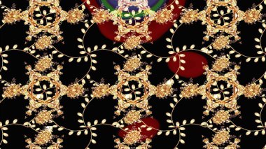 Çiçek ve yapraklı karalama şeklinde Raster çiçek deseni. Siyah, bej ve kahverengi renklerde bahar çiçekleri. Raster illüstrasyonu.