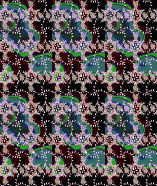 Tarafsız, siyah ve yeşil renkli, çok renkli, siyah ve yeşil zarif küçük çiçekler ve komik böcekler, siyah ve yeşil renkler, raster desen, illüstrasyon.