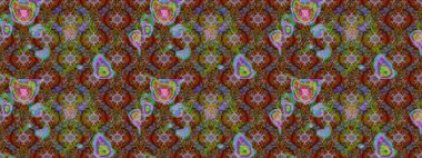 Tekstil için suluboya eskiz deseni. Şirin çiçekli, desenli, kahverengi, yeşil ve kırmızı renkli bir eskiz deseni. El çizimi çiçek çizimi deseni (fayans)).