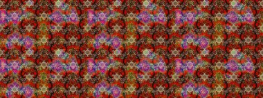 Üzerinde gelincikler ve vadi zambakları olan renkli çiçek desenli nakış deseni. Tekstil tasarımı için kahverengi, kırmızı ve bej renkli geleneksel halk çiçekleri buketi.