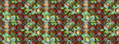 Çok yeşil, kahverengi ve nötr küçük çiçekler ve yeşil, kahverengi ve nötr renklerdeki komik böcekler, raster deseni, illüstrasyon.