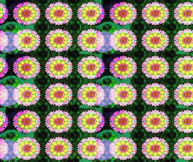 Çocuksu tasarım. Tekstil, kumaş, ambalaj, hatıra defteri için hoş bir çiçek arkaplanı. Elle çizilmiş çiçek desenli Raster çizimi. Yeşil arkaplanda.