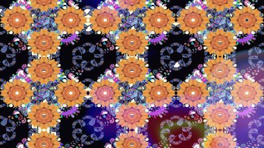 Moda baskıları için zarif bir şablon. Modern çiçek arkaplanı. Renkli çiçekleri ve turuncu yaprakları olan harika bir çiçek deseni. Halk stili.